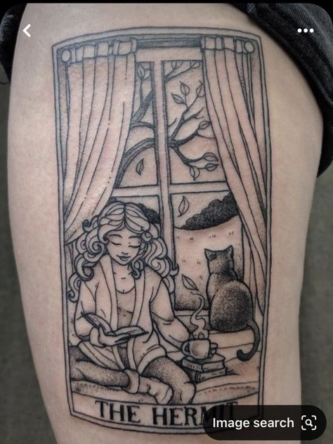 Tarot Card Tattoo Hermit, Fairy Tarot Card Tattoo, Tarot Card Tattoo The Hermit, Library Card Tattoo, The Hermit Tarot Card Tattoo, Library Tattoo Ideas, Tarot Stencil, Hermit Tarot Card Tattoo, 1692 Tattoo