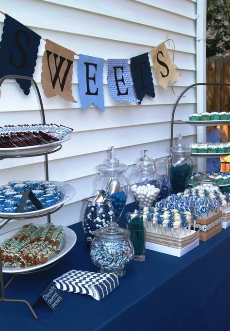 As part of our services, we can order in candy to match any event! For this client we ordered in the candy for her blue and white candy bar. The blue velvet cupcakes created by Delectable Delights were a huge hit! Blue And White Food, Navy Dessert Table Ideas, Dessert Table Blue And White, Blue Snack Table, Navy Blue Candy Table, Light Blue Graduation Party, Blue Grad Party, Blue And White Candy Table, Blue And White Graduation Party Ideas