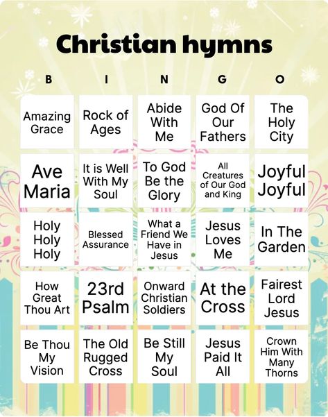 Christian hymns bingo card template Christian Bingo, Christian Hymns, Jesus Crown, Bingo Card Template, Christmas Christian, Praise The Lord, Bingo Card, Bingo Printable, Group Games