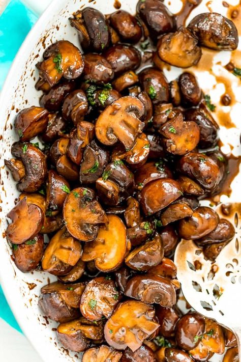 Sauteed Mushrooms are so easy to make! They are browned in butter and olive oil and seasoned with garlic and salt. A glaze made of balsamic, brown sugar, and black pepper make this side dish a total crowd-pleaser. Mushroom Side Dishes, Balsamic Mushrooms, Mushroom Recipes Healthy, Fine Cooking, Roasted Mushrooms, Mushroom And Onions, Baked Pork Chops, Sauteed Mushrooms, Vegetable Sides