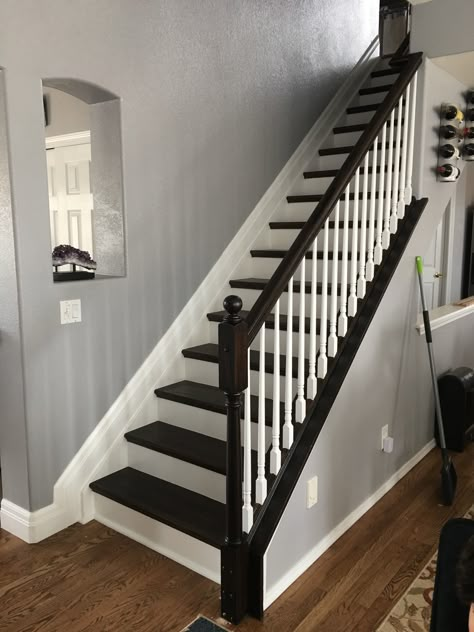 Black Stairs Grey Walls, Black And Grey Stairs, Stair Paint Ideas, Black Steps Stairways, Black Stair Banister, Black And White Stairs Painted, Black Spindles Staircase, Stained Wood Stairs, Painting Stained Wood