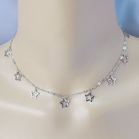 This star charm necklace is 14 inches with 3 inch extender so you can wear at choker length to 17 inches! The star charms are waterproof and you can wear it in the shower! Get one for you or the star in your life!! Silver Necklaces Star, Jewellery Necklace, Necklace Chain, Silver Necklace With Star Charm And Adjustable Fit, Star Choker, Necklace Charms, Adjustable Silver Star Necklace, Star Necklace Silver Y2k, Adjustable Silver Star Choker