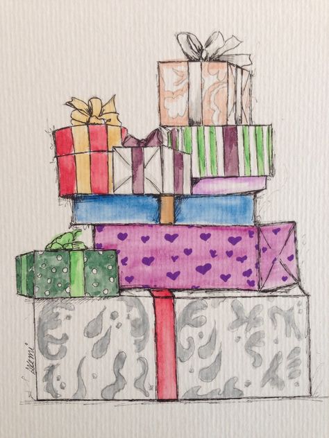 Pile Of Presents Drawing, Watercolor Presents, Presents Drawing, Christmas Present Drawing, Present Drawing, Xmas Drawing, Gifts Drawing, Christmas Tree With Presents, Christmas Window Display