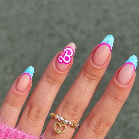 Barbie Blue Nails, Hot Pink Fire Nails, Hot Pink Blue Nails, Barbie And Ken Nails, Simple Barbie Nails, Malibu Barbie Nails, Barbie Pink French Tip Nails, Barbie Theme Nails, Barbie Themed Nails