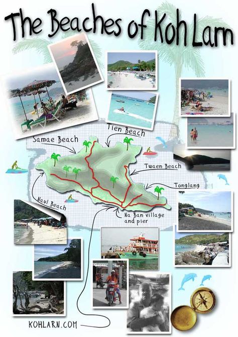 Official guide map of Koh Larn island near Pattaya Beach Bangkok Tourist, Pattaya Beach, Bangkok Shopping, Ao Nang Beach, Koh Samui Beach, Coral Island, Thailand Map, Railay Beach, Beach Cocktails