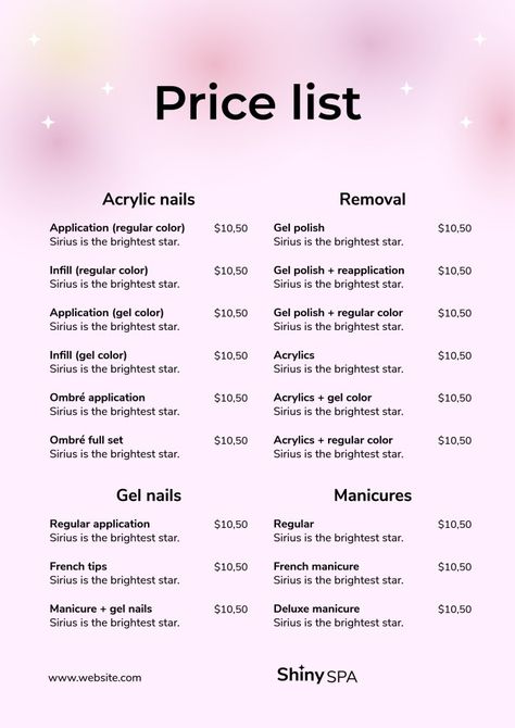 Promoting Nail Business, Nail Salon Checklist, Acrylic Nail Price List Ideas, Prices For Nails, Acrylic Nails Price List, Nail Tech Schedule, Nail Tech Inventory List, Nail Artist Name Ideas, Nail Salon Price List Ideas