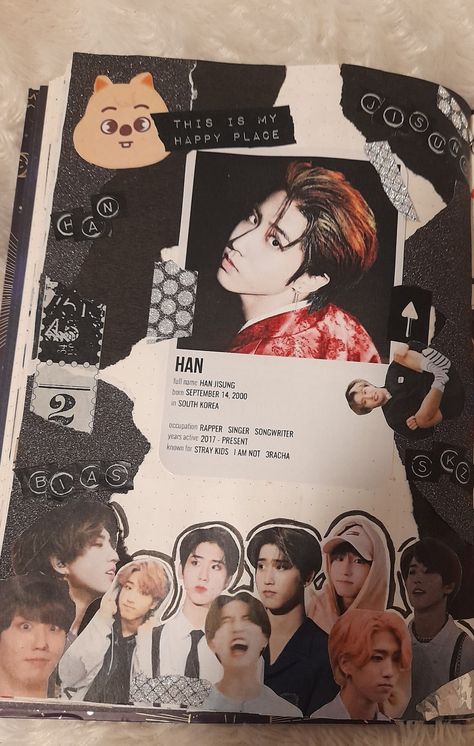 Stray Kids, Han Jisung, kpop journal Stray Kids Journal Ideas, Stray Kids Scrapbook, Stray Kids Journal, Skz Scrapbook, Straykids Journal, Skz Journal, Kids Sketchbook, Pop Book, Stray Kids Han