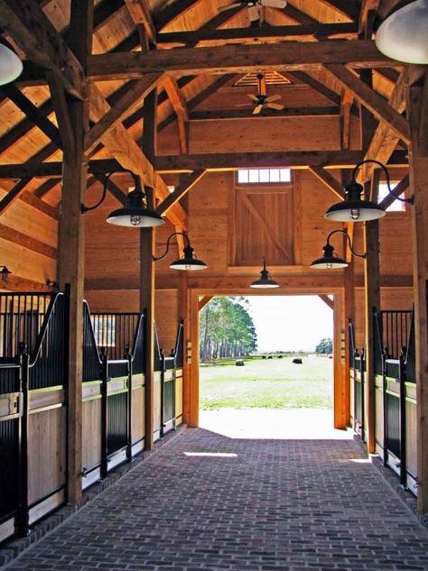 Handcrafted timber frame with beautiful finishes, for the horses, of course. Dream Barn Stables, Horse Barn Ideas Stables, Horse Barn Designs, Dream Horse Barns, Horse Barn Plans, Barn Interior, Stables Design, Barn Plans, Dream Barn