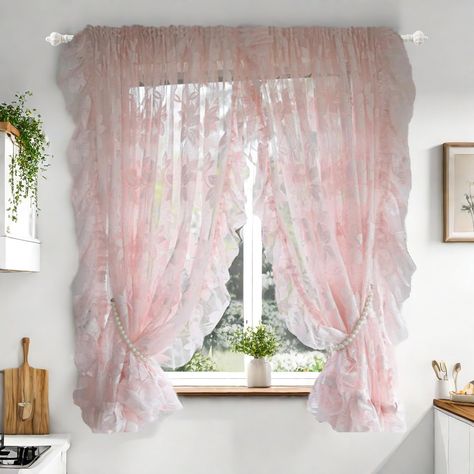 PRICES MAY VARY. 【Pink Floral Ruffle Curtains Package】 Includes 2 ruffle lace sheer curtains. ( it's better for the curtain's width be 1.5-2 times of the window's width) 【Rod Pocket Top Sheer Voile Panel for Living Room】Default Curtain Top is Rod Pocket , Suitable for Rods Diameter in 2.9'' . These Pink Floral Curtains Allow Natural Light To Flow Through The Room And Soften The Glare. A Breathable Design Will Liven Up Your Indoor Or Outdoor Spaces With A Sense Of Airiness And Beauty. 【Home Decor Victorian Drapes, Girls Bedroom Lighting, Bedroom Chic, Pink Sheer Curtains, Curtain Living Room, Roman Curtains, Ruffle Curtains, Daughter Bedroom, Living Vintage