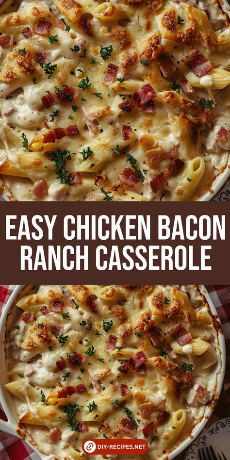 Try this easy Chicken Bacon Ranch Casserole recipe! With pasta, chicken, bacon, and cheese, it's a delicious meal for the whole family. Chicken Bacon Cheese Casserole, Chicken Bacon Ranch Noodles, Crockpot Family Dinner Recipes, Ranch Bacon Chicken Casserole, Easy Chicken Bacon Ranch Pasta Casserole, Bacon Ranch Chicken Bake, Chicken Bacon Pasta Casserole, Dinner Recipes With Bacon Easy, Chicken Bacon Ranch Pasta Easy