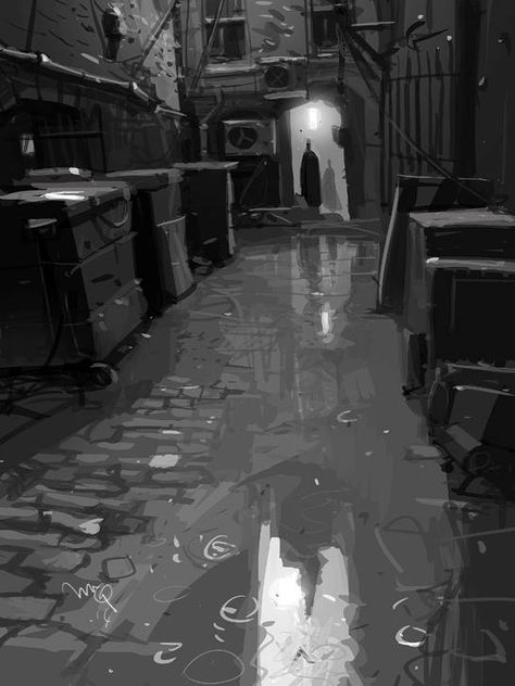 . Dark City Drawing, Value Studies, Square Composition, Value Study, Ian Mcque, Landscape Concept, Matte Painting, Environmental Design, Animation Background