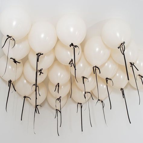 White Balloons Black Ribbon, Black And Neutral Party Decor, Hens Balloons, Ribbon On Glasses, Black Tie Ball Decorations, Black And White Balloon Wall, Cream And Black Party Decor, Birthday 2024 Ideas, Balloons With Ribbon Bows