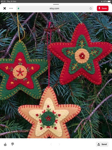 Felt Xmas Ornaments To Make, Wool Xmas Decorations, Wool Christmas Ornaments Diy, Christmas Felt Projects, Homemade Felt Christmas Ornaments, Felt Ornament Ideas, Felt Embroidery Ornaments, Felt Xmas Ornaments, Felt Xmas Decorations