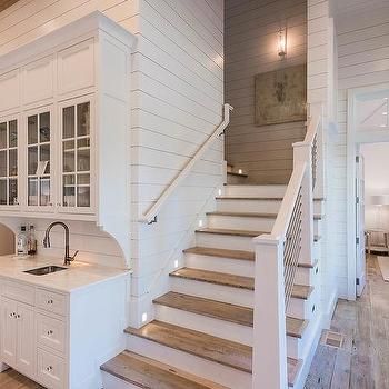 Beach Bungalow Wet Bar Next To Staircase Beach Bungalow, Beach Bungalows, Kitchen Design Decor, House Stairs, Pictures Ideas, Ship Lap Walls, Wet Bar, Basement Remodeling, Photos Ideas