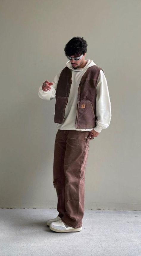 Man Cargo Outfit, Fits With Brown Pants Men, White Cargos Men Outfit, Streetwear With Vest, Winter Vest Men Outfit, Vest Over Hoodie Outfit Men, Men Brown Cargo Pants Outfit, Guy Vest Outfit, Mens Brown Vest Outfits