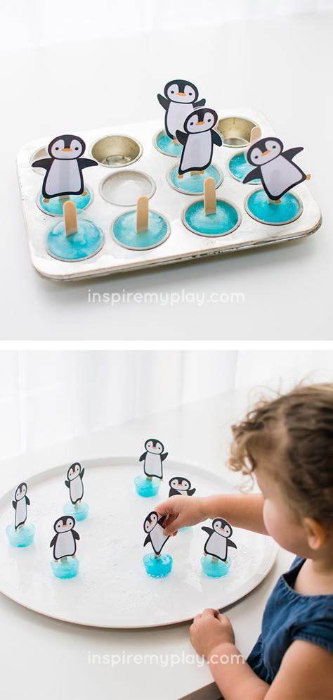 Up In The Sky Activities For Kids, Penguin Tuff Tray, Penguin Tuff Tray Ideas, Christmas Party Activities For Toddlers, Penguin Sensory Activity, Birds In Winter Preschool Activities, Winter Cognitive Activities Preschool, First Day Of Winter Activities, January Infant Activities