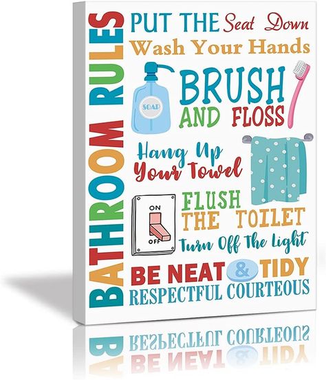 HLNIUC Colorful Kids Bathroom Decor Art Prints, Bathroom Rules Wall Art Washroom Quote Poster,Set Of (12’’X16’’,framed) Bathroom Signs Canvas Paintings For Kids Bathroom,Washroom Decor : Amazon.ca: Home Colorful Kids Bathroom, Bathroom Decor Art, Paintings For Kids, Kids Bathroom Colors, Kids Bathroom Decor, Prints Bathroom, Kids Canvas Painting, Bathroom Decor Colors, Washroom Decor