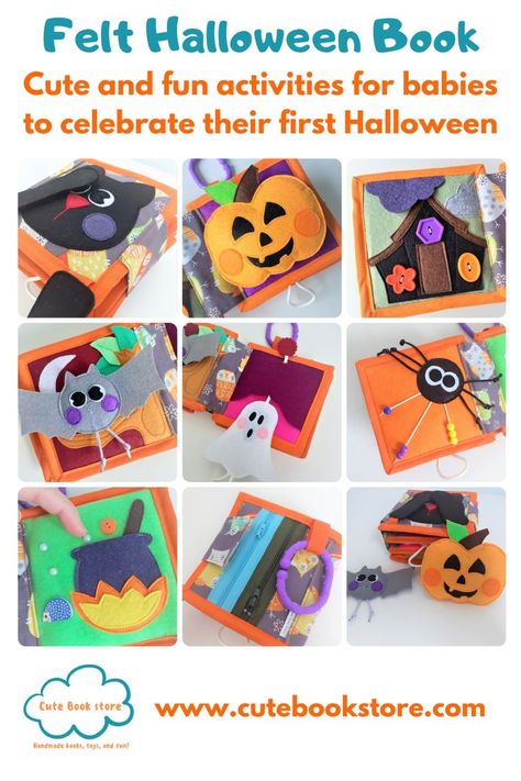 Spooky quiet book with Halloween baby/toddler activities to develop their motor skills with fun inspired in theme season. Click on the link to see all details and learn more about Cute Book Store. Felt Busy Bag, Bats Activities, Character Activities, Halloween Sewing, Baby First Halloween, Toddler Quiet Book, Felt Quiet Books, Felt Halloween, Felt Book