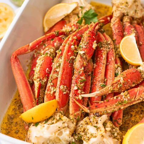 Crab Leg Recipes Baked, Crab Legs And Pasta, Oven Baked Snow Crab Legs Recipes, Garlic Crab Legs Recipes, Shrimp And Crab Legs Recipes, Crab Leg Meal Ideas, Easy Crab Leg Recipes, Crab Leg Dinner Sides Meals, Roasted Crab Legs Oven