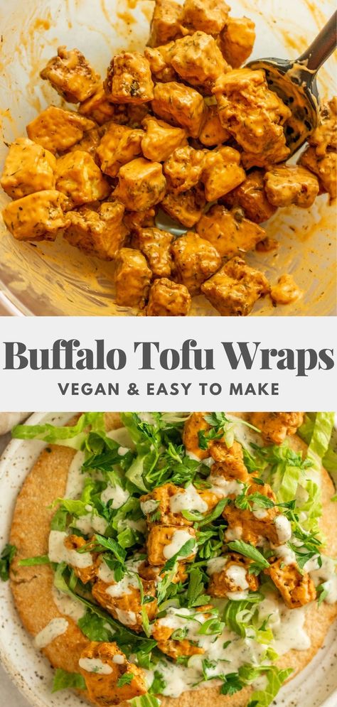 These vegan buffalo tofu wraps are saucy with the right amount of spice. Easy to assemble for a quick easy lunches throughout the week. Quick Easy Lunches, Tofu Wraps, Buffalo Tofu, Vegan Lunch Recipes, Lost 100 Pounds, Vegan Lunches, Tasty Vegetarian Recipes, Vegan Sandwich, Healthy Routine