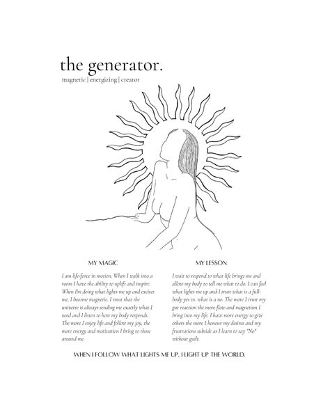 ARE YOU A HUMAN DESIGN READER? ARE YOU COMMITTED TO HELPING PEOPLE LIVE THEIR DESIGN? WE HAVE CREATED THIS READER PACK FOR YOUR SPACE OF OFFERING. This pack contains 5 unique human design prints for each design type.  Each print contains a section dedicated to each types magic (gifts, talents and unique way of being), and the lesson (how best to navigate life and important tips to remember) and a personalised mantra for each type. I  Measurements : DIGITAL FILES / 8 x 10 inch *File is delivered Manifesting Generator, Hd Art, Human Design System, Magic Gift, Energy Healing Spirituality, Utila, Human Design, What Is Life About, Divine Feminine