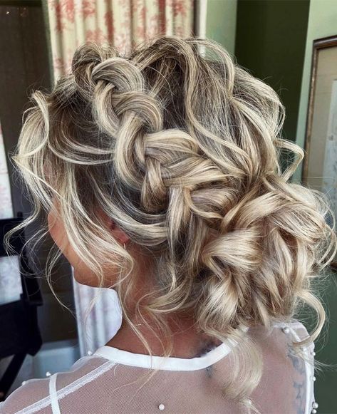 50+ Updo Hairstyles That're So Stylish : Chunky Braid Messy Bun Messy Bun With Braid Wedding, Wedding Upstyles For Long Hair, Wedding Messy Bun Hairstyles, Summer Hairstyles Bun, Messy Low Bun Wedding Hair, Birthday Updo Hairstyles, Messy Formal Updo, Medium Hair Updo For Wedding, Wedding Hair For Medium Length