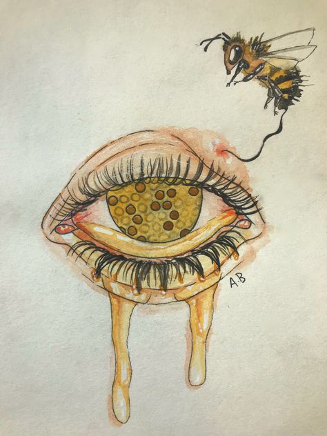 Bee Surrealism, Surrealism Eye Drawing, Surreal Art Eyes, Eye Drawing Surrealism, Eye Art Ideas, Pastel Eye Drawing, Honeycomb Dripping Honey, Honeycomb Drawing Art, Surrealism Drawing Inspiration