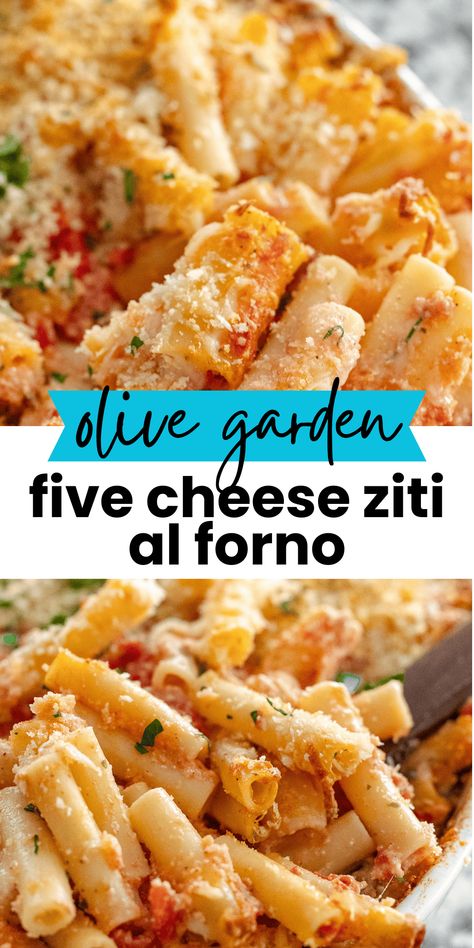 This homemade recipe for Olive Garden's popular Five Cheese Ziti al Forno will bring you all the comfort and flavor you love from the restaurant version, from your own kitchen! Zesty tomato sauce packed with melty cheese, and the right amount of crunch from the breadcrumb topping makes the ultimate meatless pasta dish, that everyone will love! Olive Garden Ziti Al Forno, Olive Garden Baked Ziti Recipe, Copycat Olive Garden 5 Cheese Baked Ziti, Olive Garden 5 Cheese Ziti Recipe, Ziti Al Forno Olive Garden, Olive Garden Ziti, Five Cheese Ziti Olive Garden, 5 Cheese Ziti Olive Garden, Five Cheese Pasta