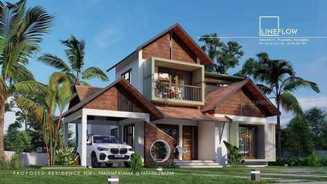 Slop Roof House Design, Slope Roof Elevation, Sloping Roof Architecture, Mixed Roof House Design, Slope Roof House, Modern Traditional House Plans, Kitchen Work Area, 2 Bed Rooms, Slope Roof