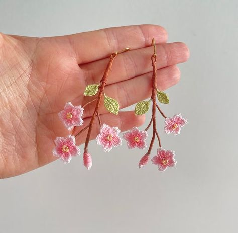 Handmade Micro Crochet Pink Cherry Blossoms Earrings Crochet Sakura Miniature Crochet Pink Flowers Gift for Mom Thank You Gift - Etsy Australia Micro Crochet Earrings, Earrings Crochet, Miniature Crochet, Micro Crochet, Crochet Pink, Crochet Earrings Pattern, Sakura Flower, Pink Cherry, Flowers Gift