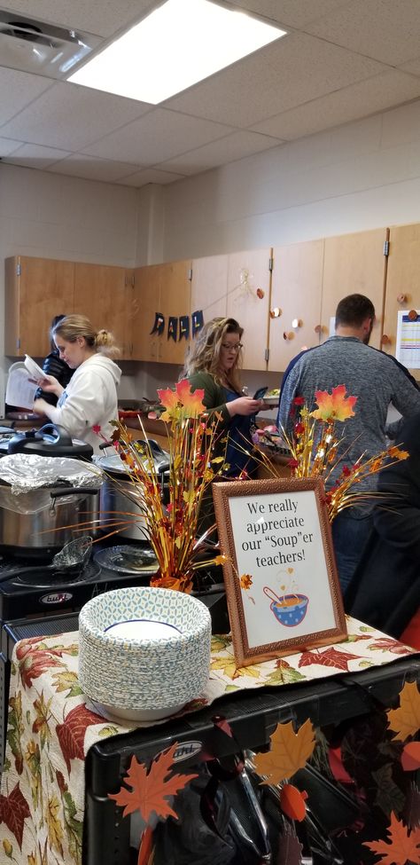 Fall Soup Staff Luncheon Fall Teacher Luncheon Ideas, Staff Luncheon Ideas, Teacher Luncheon Ideas, Soup Bar, Souper Bowl, Luncheon Ideas, Fall Soup, Teachers Lounge, Appreciation Ideas