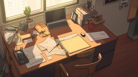 Anime Office, Anime Computer Wallpaper, Background Computer, Drawing Desk, Office Background, Office Wallpaper, Office Pictures, Computer Wallpaper Desktop Wallpapers, Desktop Wallpaper Art