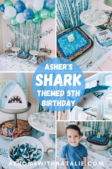 Shark Fifth Birthday, Diy Shark Birthday Party, Shark Themed Pool Birthday Party, Jawsome Birthday Party, Sharks Theme Birthday Party, Great White Shark Birthday Party, Under The Sea Shark Birthday Party, Second Birthday Shark Theme, Four Year Old Shark Party