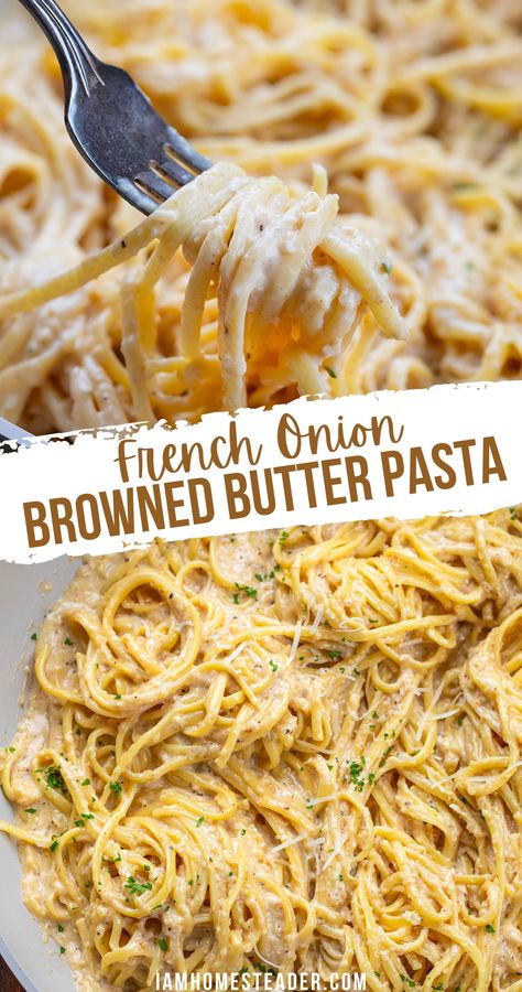 A close up image of french onion and browned butter pasta.