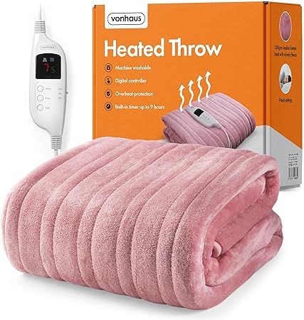 VonHaus Heated Throw Blanket – Electric Over Throw Fleece Blanket with Digital Control – Large Size 160 x 130cm, 9 Heat Settings, 9 Hour Timer, Safety Shut Off, Machine Washable, Soft Material (Pink) Electric Throw Blanket, Heated Throw, Electric Blanket, British Weather, Heated Blanket, Electric Blankets, Gift Box Packaging, Fleece Blanket, Blankets & Throws