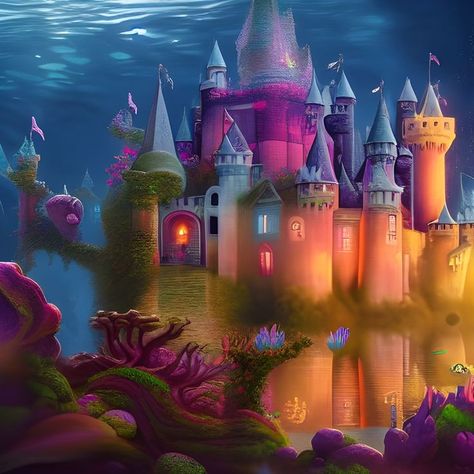 Underwater Castle, Underwater Portal Fantasy Art, Underwater Home Fantasy Art, Underwater Castle Fantasy Art, Coastal Castle Fantasy Art, Fantasy Castle, Black Light, Under The Sea, Sale Poster