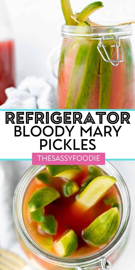 These homemade bloody mary pickles infuse all of your favourite flavours of a bloody mary cocktail, into a crisp, tangy pickle! Zingy clamato, spicy horseradish, and all the savoury fixings make for a delicious snack or side dish. The best part is these are refrigerator pickles - no special method required! Homemade Pickle Flavors, Whiskey Pickles Recipe, Boozy Pickles Recipe, Different Types Of Pickles, Homemade Pickled Vegetables, Different Pickle Flavors, Full Sour Pickle Recipe, Pickled Recipes Canning, Sweet Horseradish Pickles Recipes