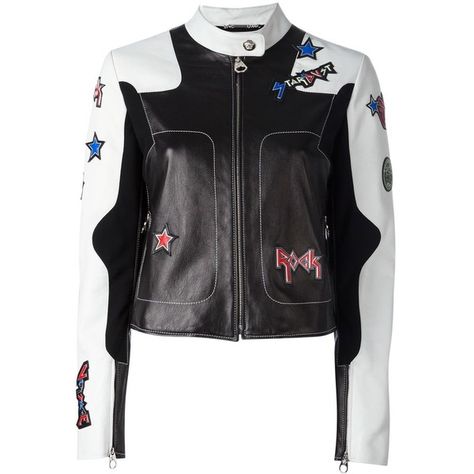 Versace Stvrdust Rock Star leather jacket ($3,496) ❤ liked on Polyvore featuring outerwear, jackets, black, straight jacket, patch leather jacket, print jacket, versace jacket and leather jackets Black And White Leather Jacket, Rock Jacket, Star Jacket, Star Patches, Versace Jacket, Versace Style, White Leather Jacket, Jackets Black, Straight Jacket