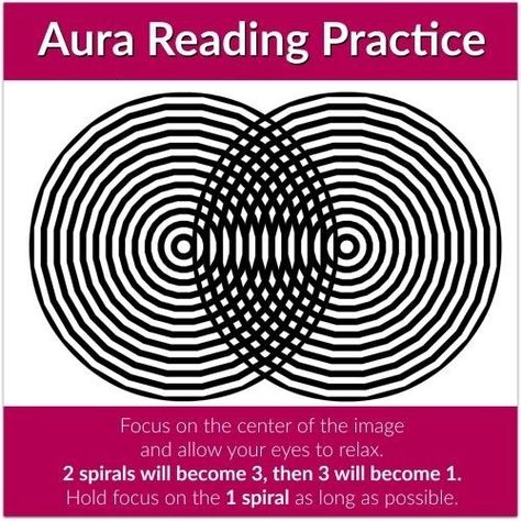 Third Eye Excercise.. Teach your right and left brain to communicate. 1.Focus your eyes until the two circles become four.  2.Bring the two inner circles together until they overlap.  3.Focus unti1 you see a cross in the center.  4.Now try overlapping the two smaller circles.  5.Practice during meditation with eyes open or closed.  6.Don ' t over do it , it will strain your eyes. Aura Reading How To, Aura Seeing Practice, Seeing Auras Exercise, Aura Reading Practice, Clairvoyance Exercises, Third Eye Exercises, 3rd Eye Exercise, Aura Practice, Third Eye Practice