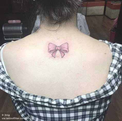 Bow tie tattoo on the upper back. Small Love Tattoos For Women, Upper Back Tattoos For Women, Tie Tattoo, Love Tattoos For Women, Bow Tie Tattoo, Back Tattoos For Women, I'm Too Much, Im Rich, Upper Back Tattoos