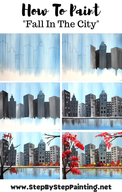 Fall In The City - Acrylic Painting Tutorial City Landscape Acrylic Painting, City Drawing Tutorial, Urban Acrylic Painting, Architecture Canvas Painting, How To Paint Buildings Acrylic, City Scape Painting Easy, Easy Cityscape Painting, How To Paint Buildings, Painting Buildings Acrylic