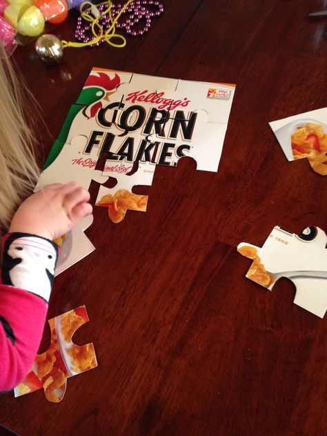 Cereal box puzzle. Preschooler activity. DIY Cardboard Puzzle Box Diy, How To Preserve A Puzzle, Diy Puzzle Board With Cover, How To Close Cereal Boxes, Cereal Box Notebook, Cardboard Puzzle, Diy Postcard, Craft Projects For Adults, Easy Crafts For Kids