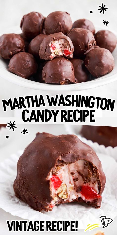 Office Party Snacks Easy, Chocolate Charlie Candy Recipe, Martha Washington Candies, Popular Bakery Treats, No Bake Chocolate Balls Recipes, Martha Washington Balls Recipes, Christmas Candy Desserts, Red Hots Candy Recipes, Cherry Mashers Candy