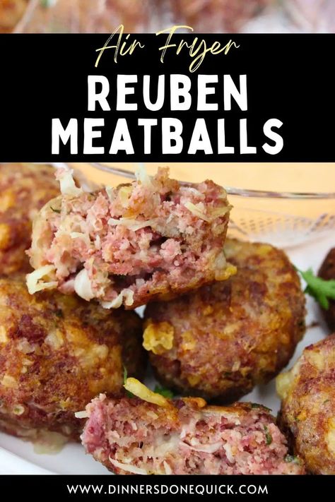 Craving a delicious Irish twist on a classic? Dive into my Reuben Meatballs recipe, perfect for your air fryer or oven! Transform your mealtime with savory bites packed with corned beef, Swiss cheese, and sauerkraut. From prep to plate, enjoy the St Patrick's Day anytime of the year. Pin and try it today to delight your taste buds! 🍽️ Reuben Meatballs, Meatballs, Corned Beef Recipes, St Patrick's Day Recipes Crispy Reuben Balls, Reuben Meatballs, Reuben Balls, Meatballs In The Air Fryer, Reuben Recipe, St Patrick's Day Recipes, Corned Beef Brisket, Savory Bites, Appetizer Meatballs