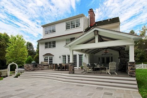 This beautiful project tops off an already awesome backyard with an oasis to fit any season! We do a lot of barnwood beams in our porches and they always turnou Back Patio Ideas Covered, Deck With Porch, Patio Ideas Covered, Walkout Patio, Back Porch Designs, Patio Walkway, Back Patio Ideas, Home Deck, Covered Patio Design