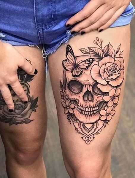 Skull Thigh Tattoos, Tattoos For Females, Skull Rose Tattoos, Hip Thigh Tattoos, Butterfly Tattoos For Women, Sugar Skull Tattoos, Leg Tattoos Women, Inspiration Tattoos, Butterfly Tattoo Designs