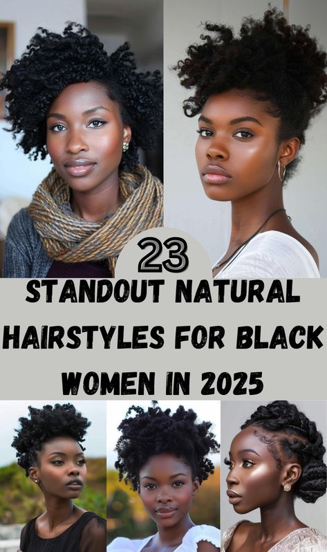 Celebrate the beauty and versatility of natural hair with these 23 standout hairstyles for Black women in 2025. From voluminous afros to intricate braided styles, this collection showcases the best of natural hair trends that embrace texture, volume, and individuality. Whether you're looking to protect your hair, try something bold, or simply enhance your natural curls, these hairstyles are perfect for women who want to make a statement while staying true to their roots. Small Fro Hairstyles Natural Hair, Natural Hairstyles For Black Women With Thinning Hair, Natural Hair Styles For Black Women Medium, Protective Natural Styles, Grown Up Hairstyles For Women, Black Celebrity Hairstyles, Natural Short Curly Hairstyles Black, Hair Styles For 50+ Black Women, Unique Natural Hairstyles Black Women