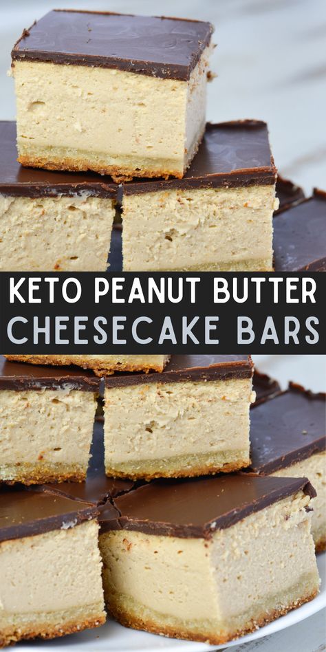 Try these Keto Peanut Butter Cheesecake Bars for a creamy, decadent, low carb treat! Chocolate Peanut Butter Cheesecake Bars, Keto Peanut Butter Cheesecake, Peanut Butter Chocolate Cheesecake, Peanut Butter Cheesecake Bars, Keto Peanut Butter Chocolate, Low Carb Treat, Chocolate Cheesecake Bars, Low Carb Backen, Chocolate Peanut Butter Cheesecake