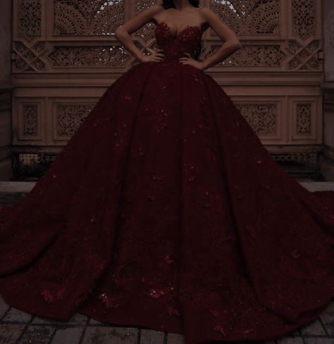 Red Ballgown Aesthetic, Dark Red Wedding Dress, Ballgown Aesthetic, Fairytale Dress Aesthetic, Dark Red Ball Gown, Dark Red Quinceanera Dresses, Aesthetic Gown, Red Quince Dress, Poofy Prom Dresses