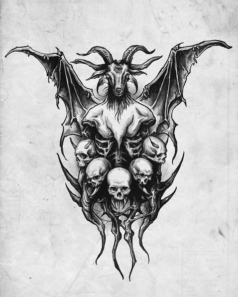 Scary Back Tattoos, Schizo Tattoos, Satanic Tattoo Demons, Devil Goat Tattoo, Baphomet Tattoo Design, Evil Tattoo Designs, Demonic Tattoos, Baphomet Tattoo, Satanic Tattoos